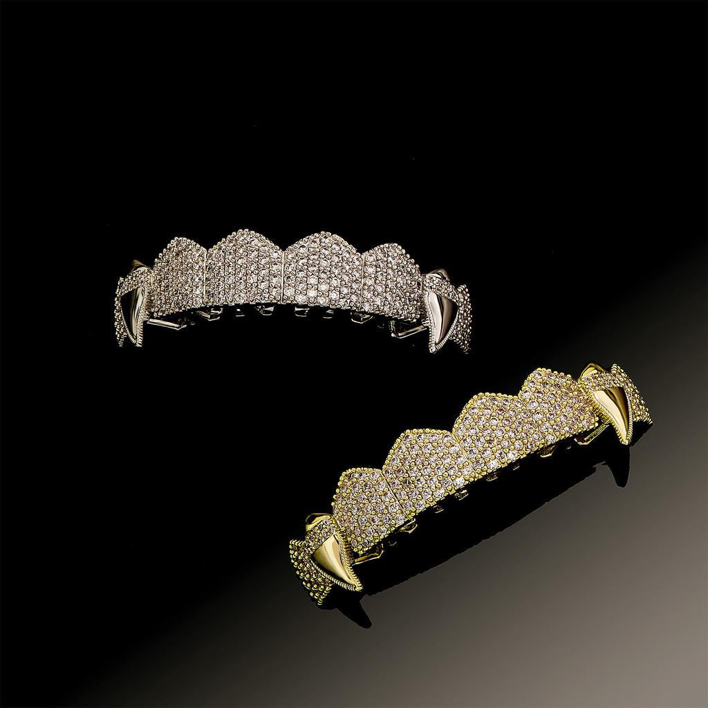 Luxury Iced Out Gold Plated Teeth Grillz Set Cubic Zirconia Punk Diamond Teeth Mouth Grillz for Men Body Jewelry