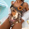 Women Plus Size Scoop Neck Wide Straps High Cut One Piece Cartoon Owl Printed Swimsuit