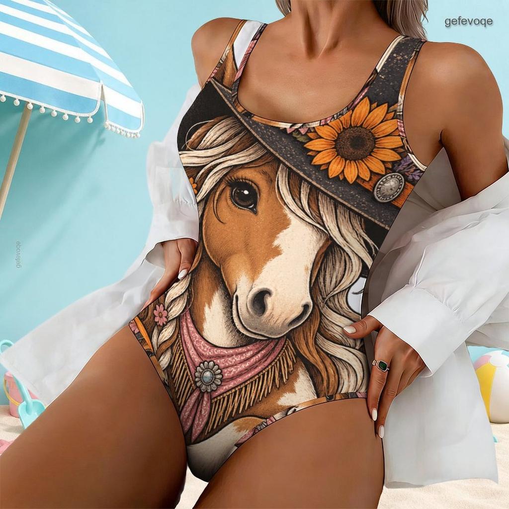Women Plus Size Scoop Neck Wide Straps High Cut One Piece Cartoon Owl Printed Swimsuit