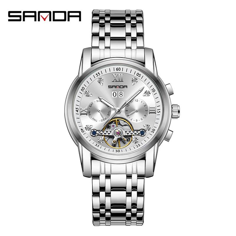 SANDA Новый продукт, мужские автоматические механические часы со стальным ремешком, кварцевые модные полые мужские часы