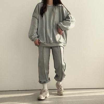 Женский комплект из 2 предметов: топ и брюки, круглый вырез, длинные рукава, однотонная толстовка с эластичной резинкой на талии, свободные брюки, спортивный костюм на осень и весну