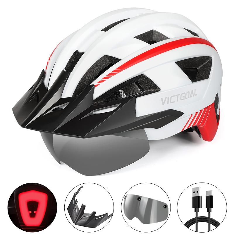 VICTGOAL MTB Road Bike Helmet for Men Women Visor Goggles LED Rear Light Mountain Bicycle Helmet Adults Racing Cycling Helmets