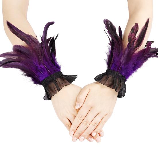 Women's Feather Wrist Cuffs Gothic Feather Fingerless Gloves Wristband Mesh Cuff for Halloween Cosplay Costume Accessories