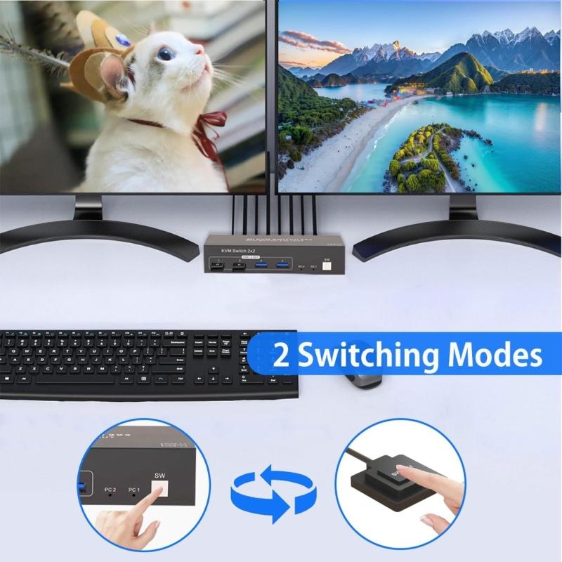 Металлический HDTV-переключатель для двойных мониторов, 4 USB 3.0 хаба, бесшовное переключение входов, повышает производительность