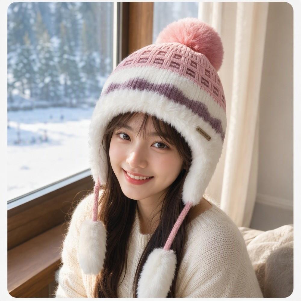Pom Pom Ear Flap Hat Face Slimming Thick Plush Lined Hat Fair Isle Knitted Hat Outdoor Activities