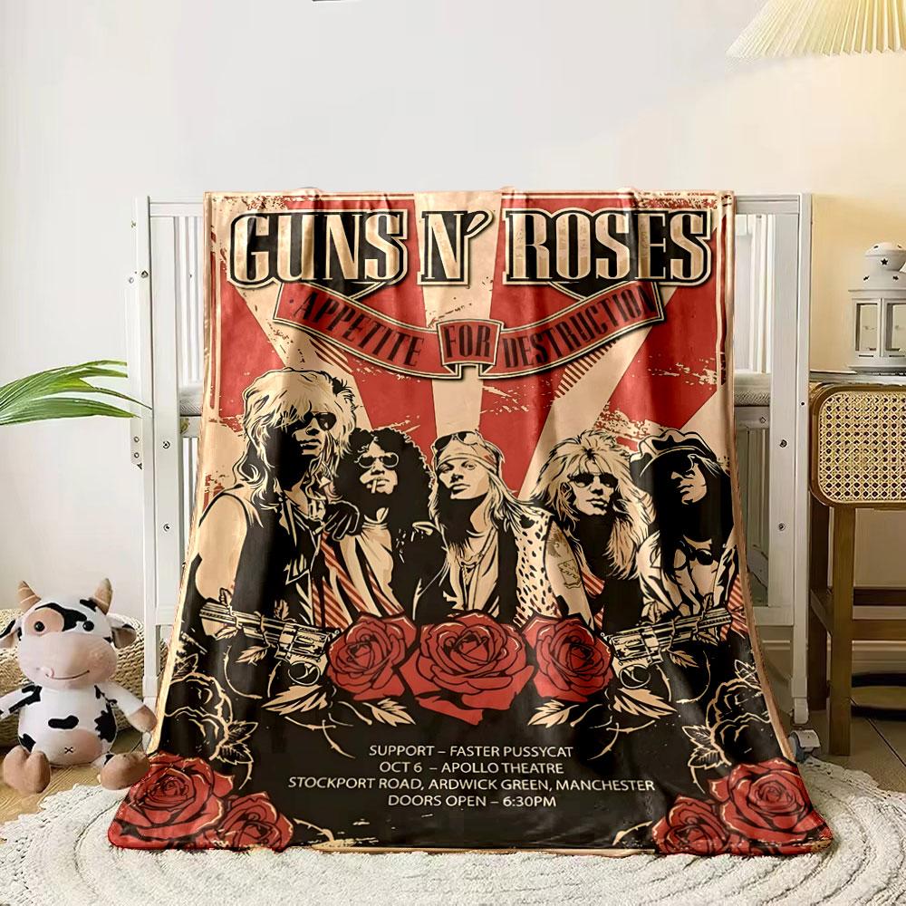 Stylized band members with roses, guitars, and bold vintage typography. for all seasons blanket lunch break throw gift