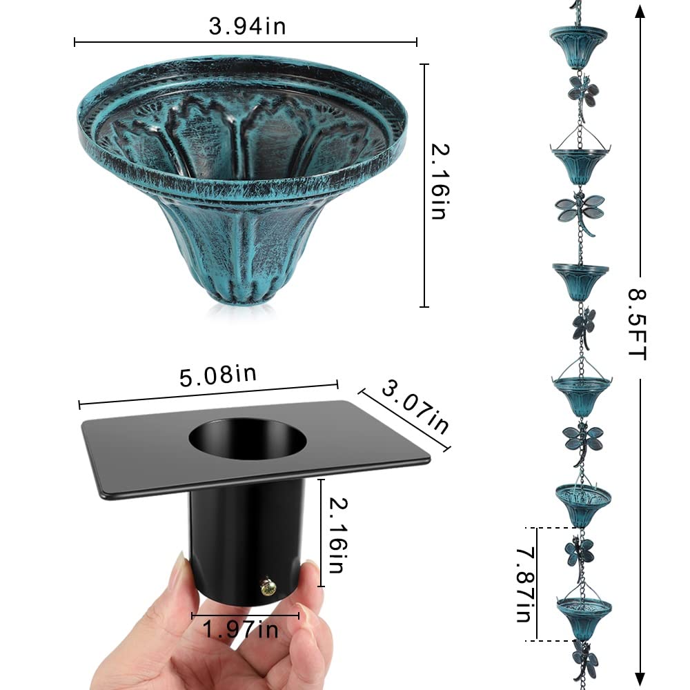 Vindar 2.6m Dragonfly Iron Retro Gutter, Antique Sky Blue, 10pcs Flower Cups, 10pcs Dragonfly Decorative Gutter Chain