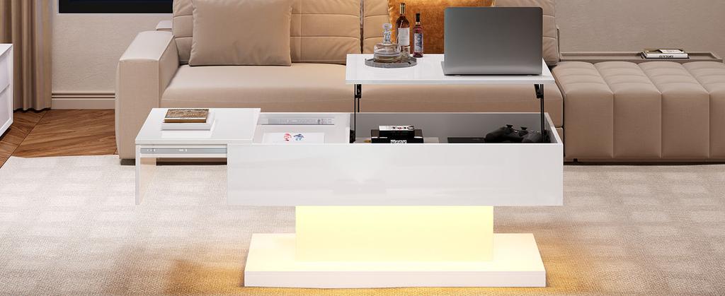 High-Gloss Lift Tea Table, LED Coffee Table 100x50x45 cm, Half-Liftable Tabletop with Sideways Sliding Design, Hydraulic Lift and Storage Space
