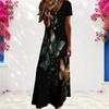 Women Plus Size V Neck Short Sleeve Butterfly Printed Black Long Straight Dress