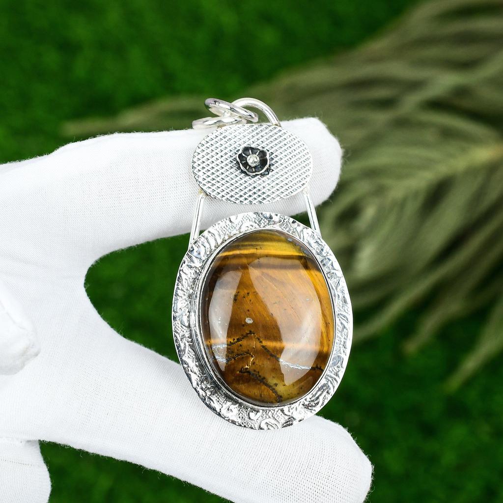 Mothers Day Deal 925 Silver Round Tiger Eye Stone Bezel Anniversary Wife Pendant