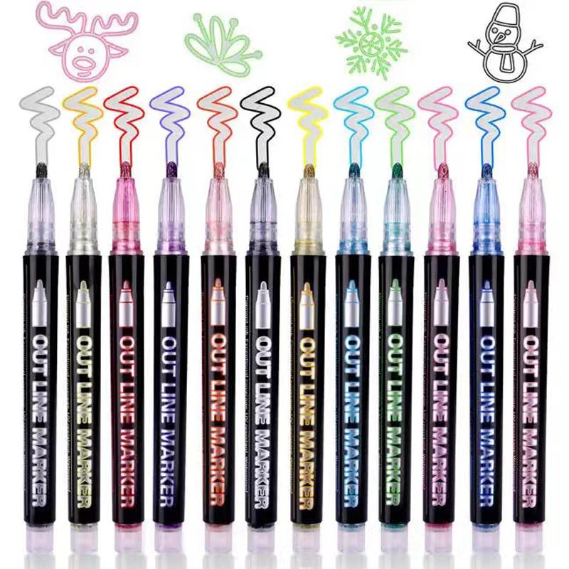Dreamy Metal Double Line Outline Pen for Kids, Fluorescent Colorful Manual Bead Pen for Greeting Cards & Graffiti,