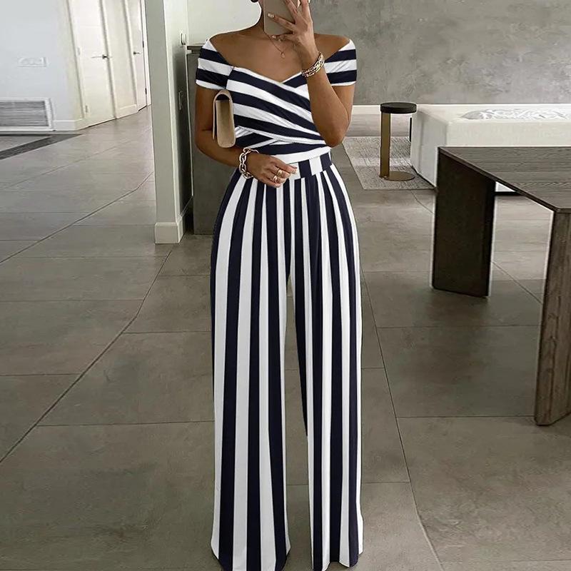 Summer Fashion Printed Wide Leg Jumpsuit Women Sexy Slash Neck Off-shoulder High Waist Jumpsuit Womem Csaual Suit