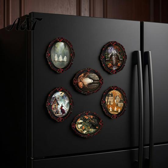 Halloween Refrigerator Magnets Wooden Magnets, Vintage Gothic Oval Frame Fridge with Witch Niche Holiday Souvenir Gifts Ghost Castle Art, Waterproof