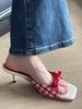 Bow Red Women's Shoes Plaid Winter Sandals 2024 Open-toed Square Head Word Beautiful French Women's Cool Slippers