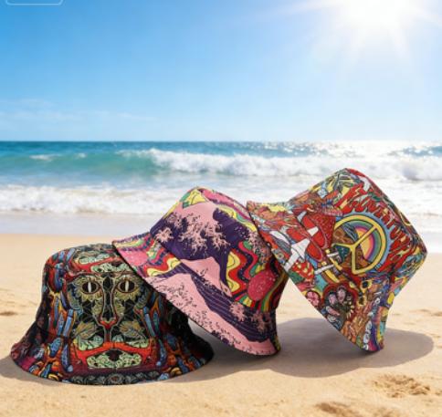 2027 NEW KJ Custom Printing Reversible Wide Brim Bucket Hat Unisex All Over Print Polyester Bucket Hat With Private Brand Label