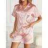 Heart Embroidered Pajama Set Satin Button-Down Short Sleeve Top & Elastic Shorts for Valentine's Gifts Women's Sleepwear