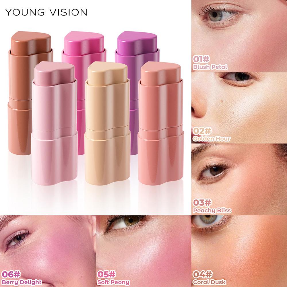 YOUNG VISION 1PCS Heart Blush Cream Contouring Stick Face Modifier Mousse Blush Lipstick 2-in-1