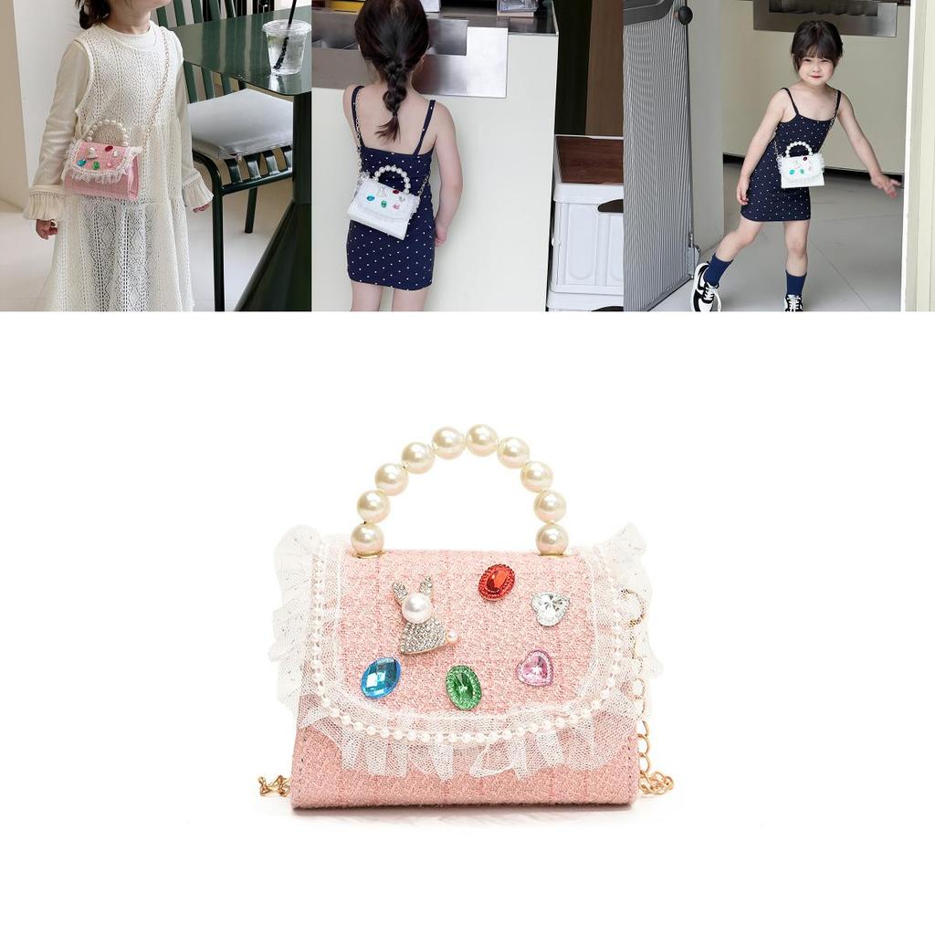 Chic And Fashionable Kids Handbag Featuring Cute Lace And Rhinestones For Girls