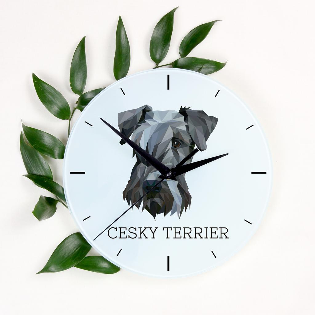 Terier Czeski, Cesky Terrier -Geometryczny Zegar Ścienny Ze Zdjęciem I Napisem Marki Art-Dog