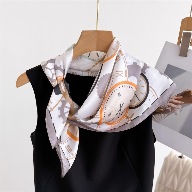 Clock Print Square Scarf Women‘s Print Scarf Luxury Imitation Silk Neckerchief Bandanas Foulard Hairbands Wraps For Travel Beach