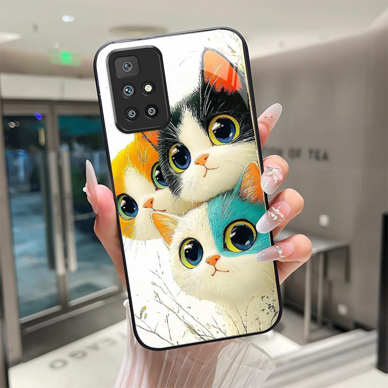 For Xiaomi Redmi 10 Prime 2022 Phone Case Tempered Glass Hard Shell flower Cute cats Coque For Redmi10 10Prime 2022 Back Cover