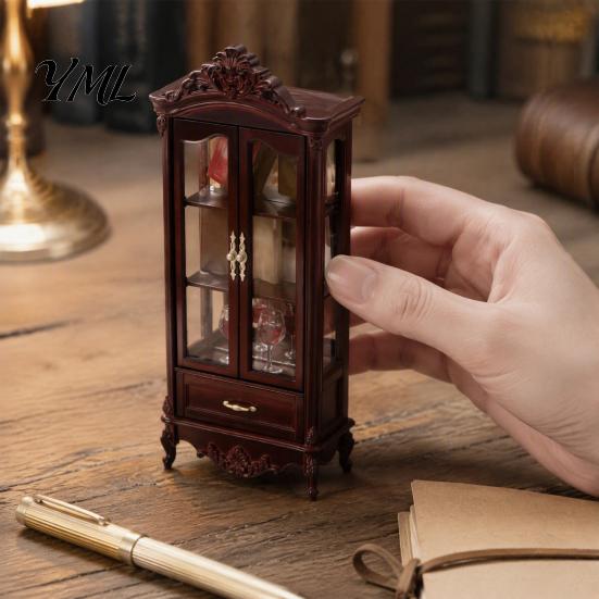 Mini Craft Enthusiast Gift Miniature Curio Cabinet, 1/12 Scale Wine Wooden Tiny Display Cabinet with Collectible Case Drawer, Vintage Furniture