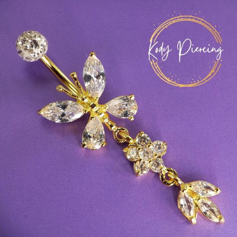 KODY PIERCING Позолоченная бабочка в пупке 14 карат с подвеской-застежкой-кристаллом 10 мм
