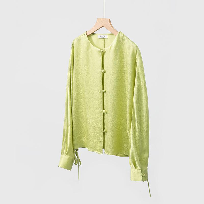 22 Муми Двухслойный шелковый креп «Бамбуковые тени на ветру» Кардиган-рубашка с длинными рукавами-дольман и кулиской