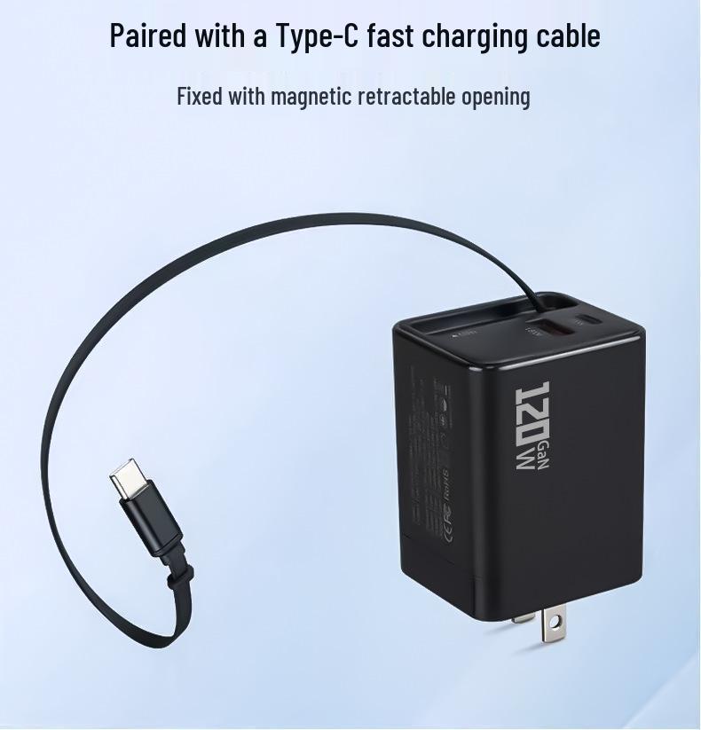 120W Gallium Nitride Charger with Retractable A+C Cable for Apple & Android Fast Charging