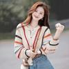 2025 Новый кардиган радужной расцветки Женский свитер Осень Сладкая мода Элегантный вырез лодочкой Вязаные пальто Ажурная вязка Повседневная свободная куртка с длинным рукавом Одежда