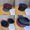 Cotton Retro Twill Spliced Checkered Beret Cap With Curved Brim For Wear Casual