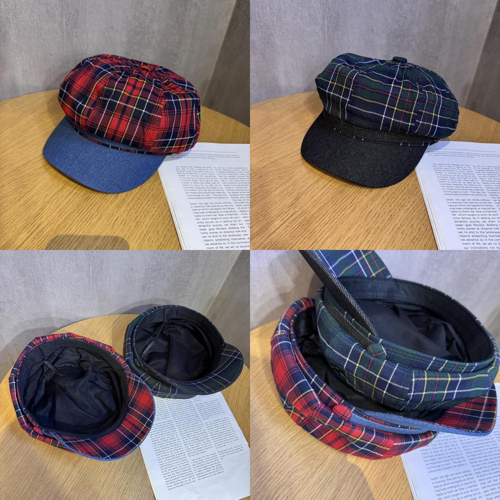 Cotton Retro Twill Spliced Checkered Beret Cap With Curved Brim For Wear Casual