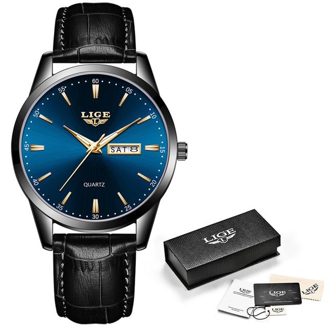 LIGE Лучший бренд, мужские кожаные деловые часы с датой, водонепроницаемые светящиеся часы, мужские роскошные спортивные водонепроницаемые кварцевые наручные часы