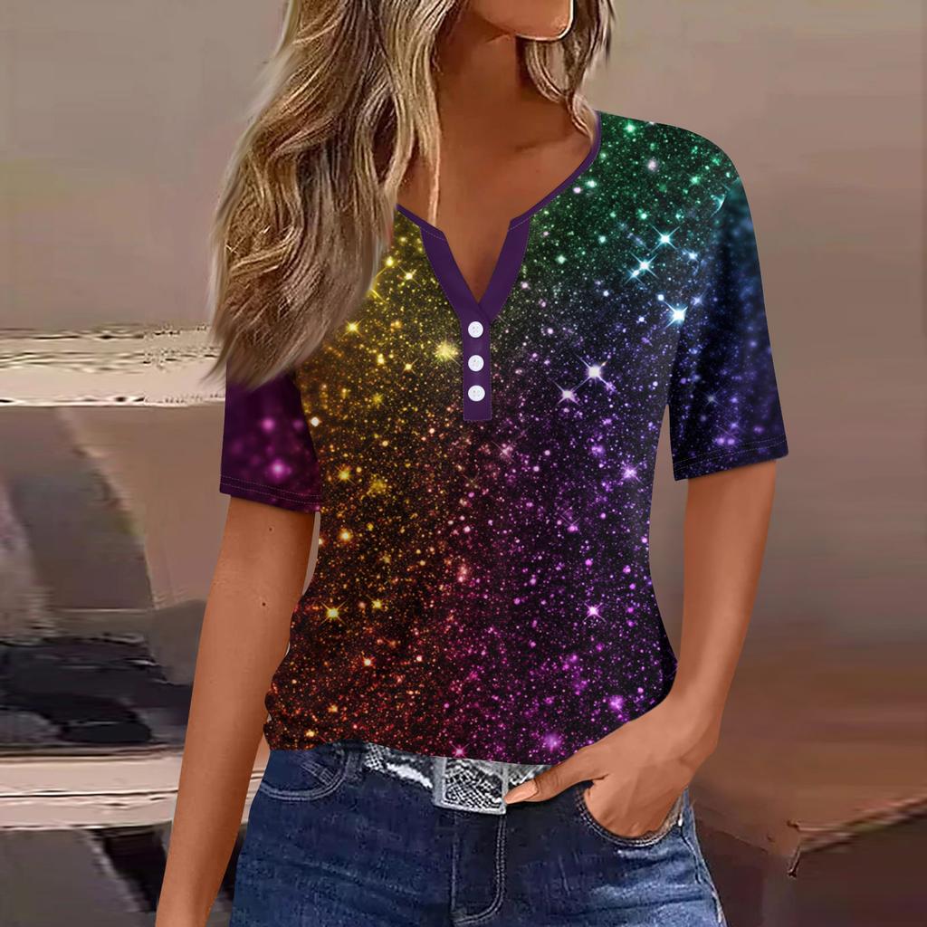 Жен. Футболка Футболка С принтом Пуговицы С короткими рукавами Повседневные Выходные Мода Классический V-образный вырез Обычный Верх