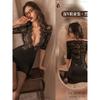 Super Cool Pu Pueple Patchwork Lace Mini Dress Mesh Transparent Sexy Uniform Women Lace Secretary Uniform Dress Elegant Top M3DX