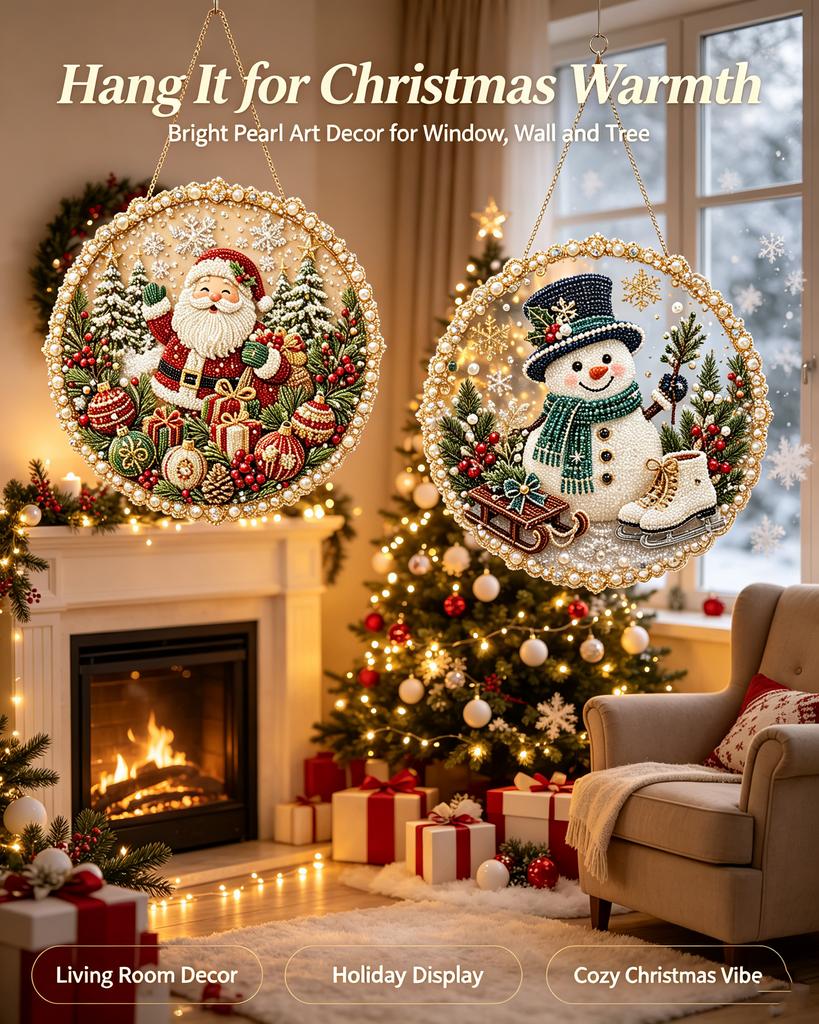 2026 Christmas Pearl Diamond Painting Suncatcher Kit, DIY Craft 3D Mixed-Sized Pearl Beads Craft, Festive Window Wall Decoration