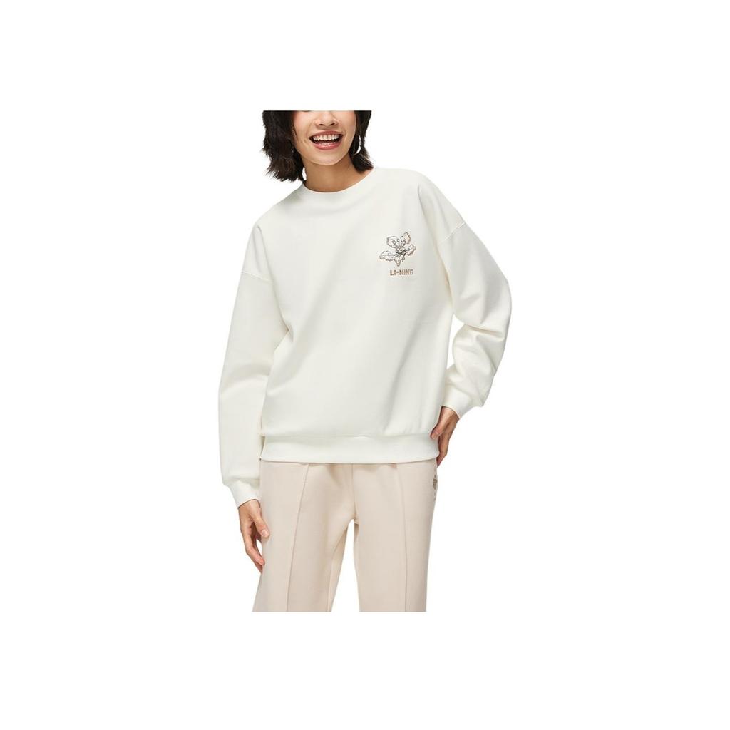 Li Ning Sports Lifestyle Series Letter Print Crew Neck Pullover Fleece Long Sleeve Sweatshirt Women Sweatshirt Off-White AWDT762-4
