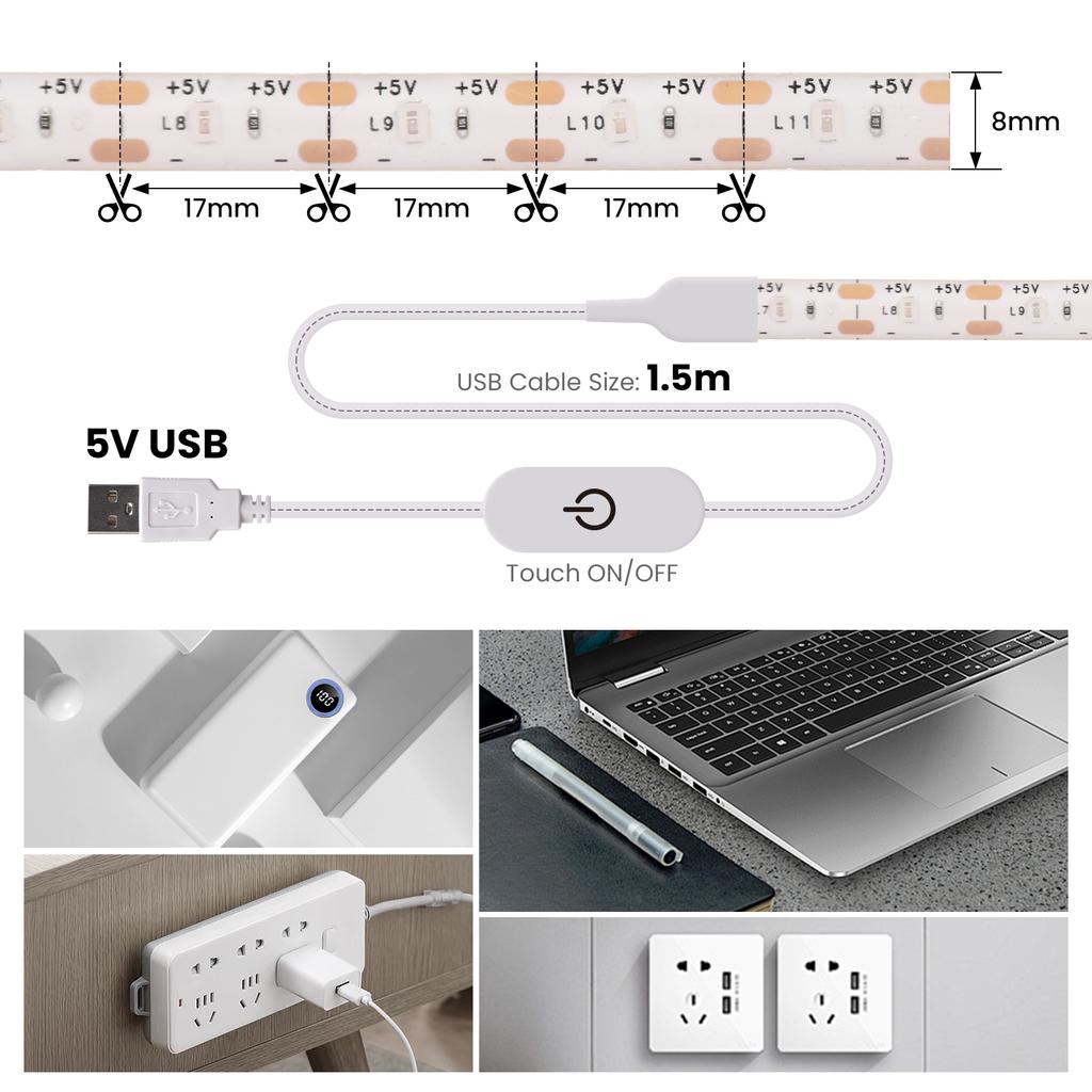 5V USB Dimmable LED Strip Light SMD2835 Touch Switch IP65 Waterproof Flexible Tape for TV Backlight Under Cabinet