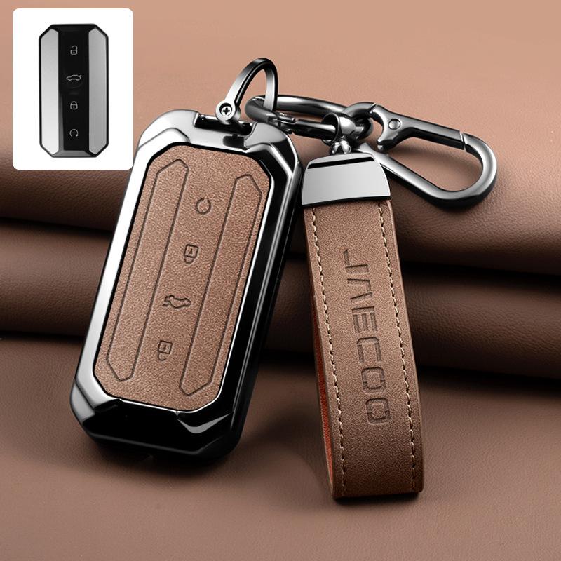 For Jaecoo JME Key Cover, 4 Colors Zinc Alloy Key Case with Leather Strap for Jaecoo 7 Omoda C7 Car Key Protector, Metal Key Fob Holder