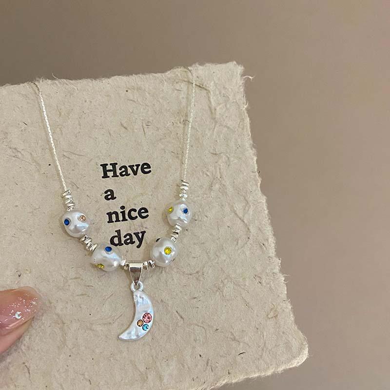 Aesthetic Colorful Rhinestone Star Pendant Silver Color Pearl Necklace for Women Beaded Neck Chain Jewelry Accessories