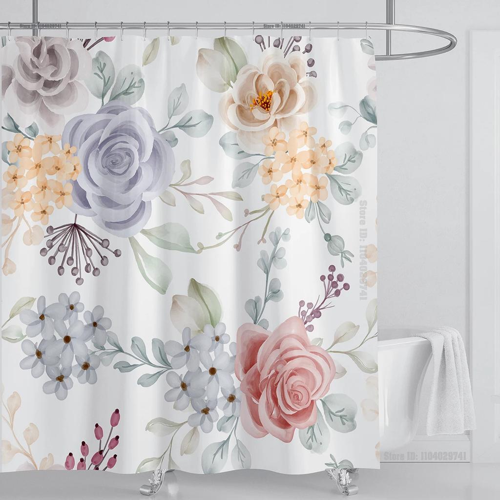 Watercolor Leaves On The Top Plant With Floral Bathroom Greenery Leaf Decoration Watercolor Botanical Shower Curtain With Hooks