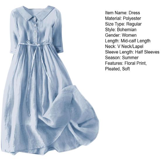 Женское весеннее платье с цветочным принтом, со средним рукавом, с отворотом, V-образным вырезом, на шнуровке, с высокой талией, трапециевидной формы, полуоднобортное богемное плиссированное платье миди