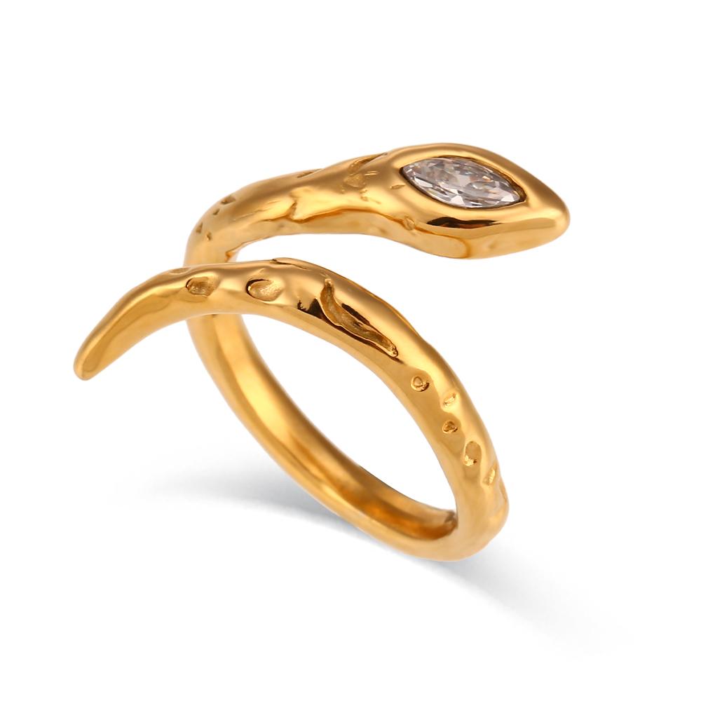 E.B.belle Hypoallergenic Green Clear Cubic Zirconia 18K Gold Plated Stainless Steel Snake Ring Women's Waterproof Titanium Ring