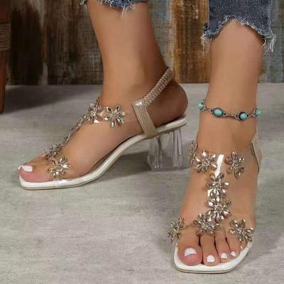 Модные женские босоножки большого размера, весна-лето 2025, новые квадратные босоножки со стразами, толстый каблук, средний каблук, прозрачные женские туфли на высоком каблуке