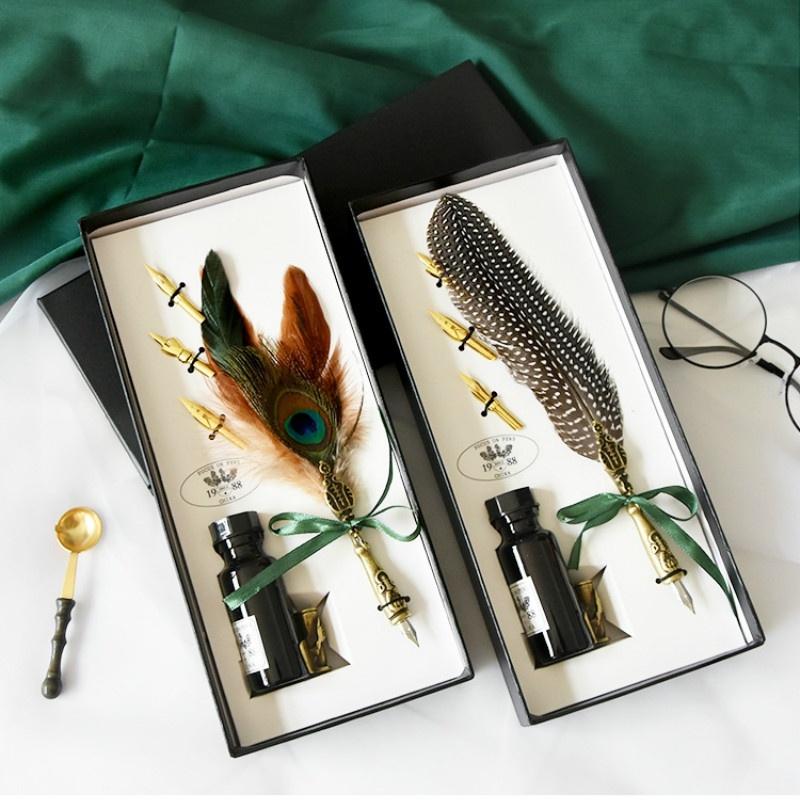 Retro Feather Pen Goose Feather Pen Ink Pen Dip Water Metal Fountain Pen Set Birthday Gift Box School Supplies Stationery
