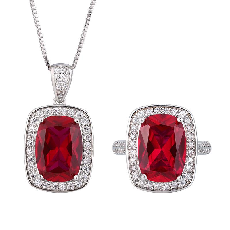 Jewelry Copper Bottom Gold-Plated Simulation Red Corundum Blue Spinel Temperament Fat Square Women'S Set 10 * 14