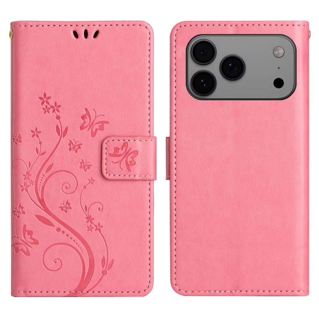 Кожаный чехол-кошелек для iPhone 17 Pro Max с тиснением "Бабочка и цветок" и ремешком