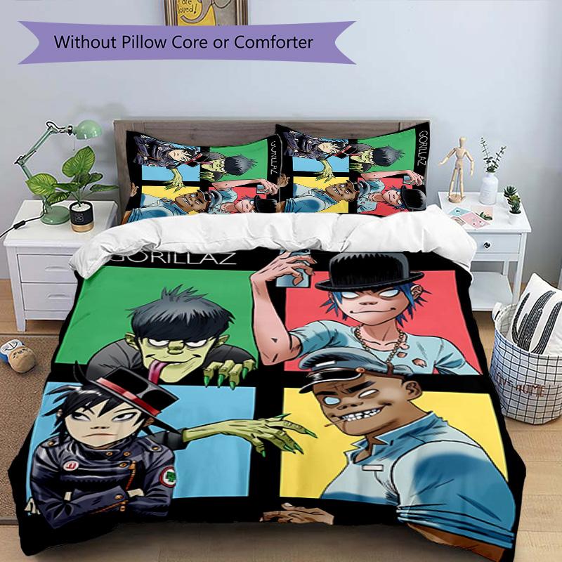 3pcs Gorillaz band pattern bedding set duvet cover set includes duvet cover &pillowcases, perfect all season bedroom decoration & gift