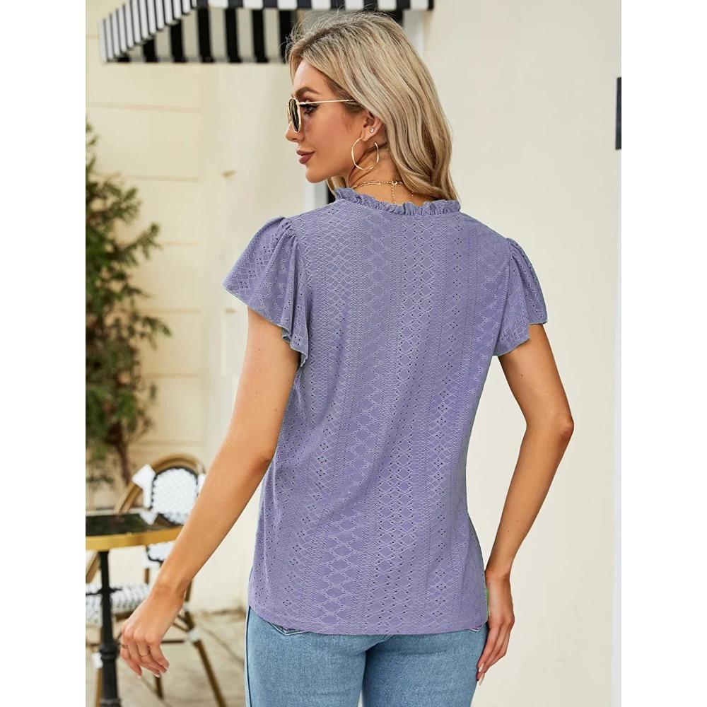 GMXIA Spring Summer Jacquard V-neck Pile Sleeve Short Sleeve T-shirt Top for Women