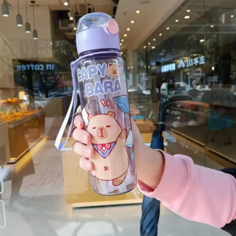 Тема капибары Милая бутылка для воды 700 мл, с ручкой, герметичная конструкция, в комплекте соломинка, прочная, идеально подходит для школы и кемпинга